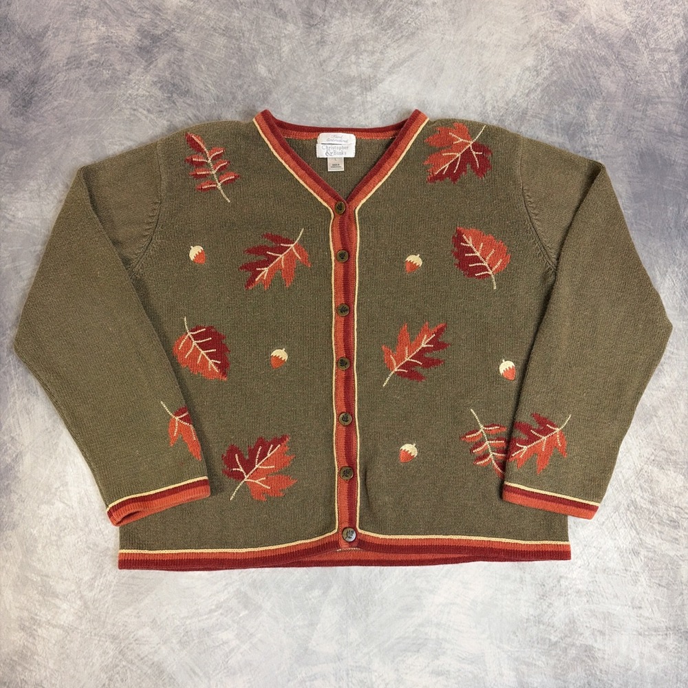 Vintage Christopher & Banks Cardigan Womens Large Green Fall Leaf Embroidered